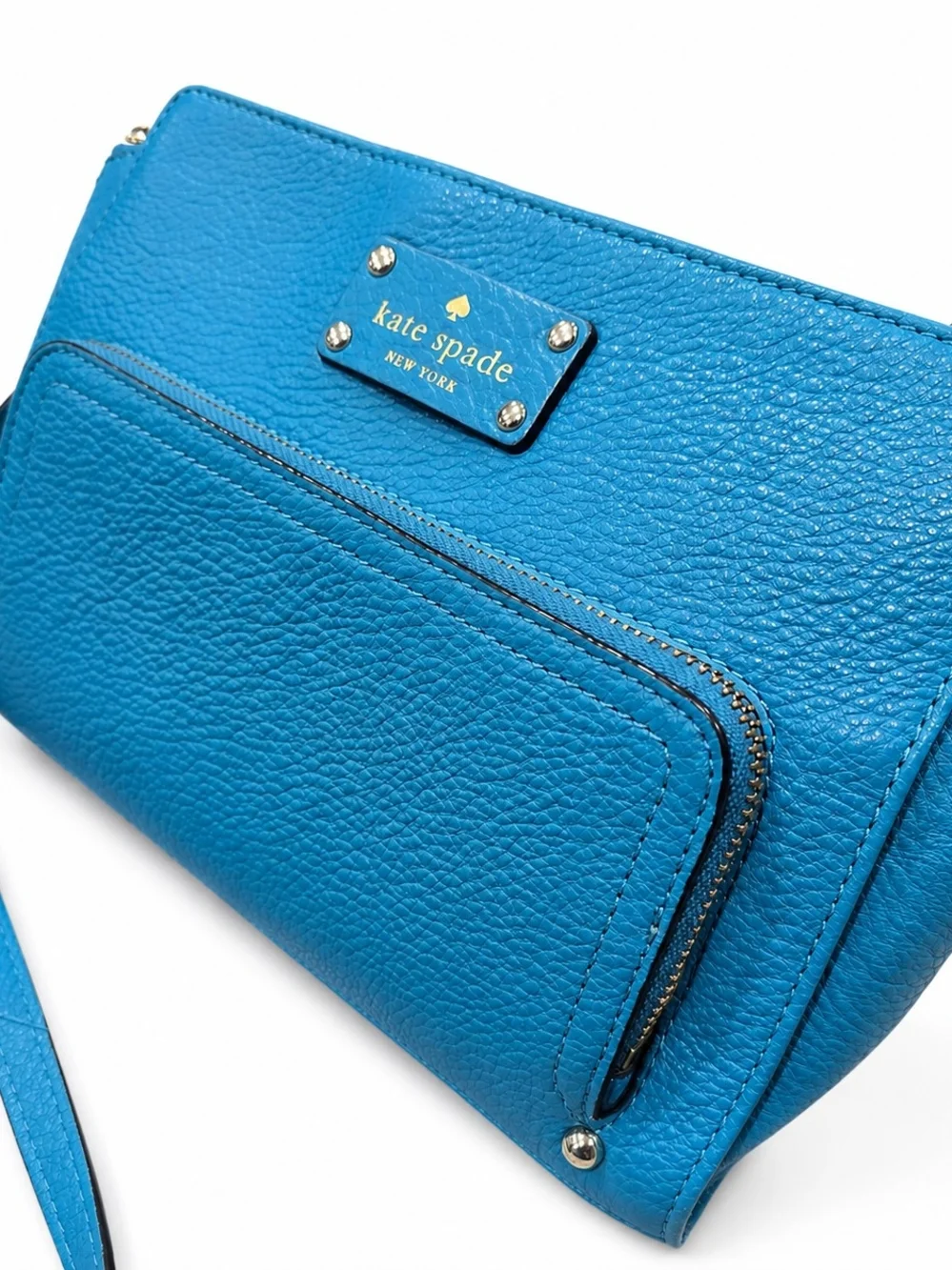 Kate Spade New York Tiffany Blue Pebbled Leather Crossbody Bag Gold Zip